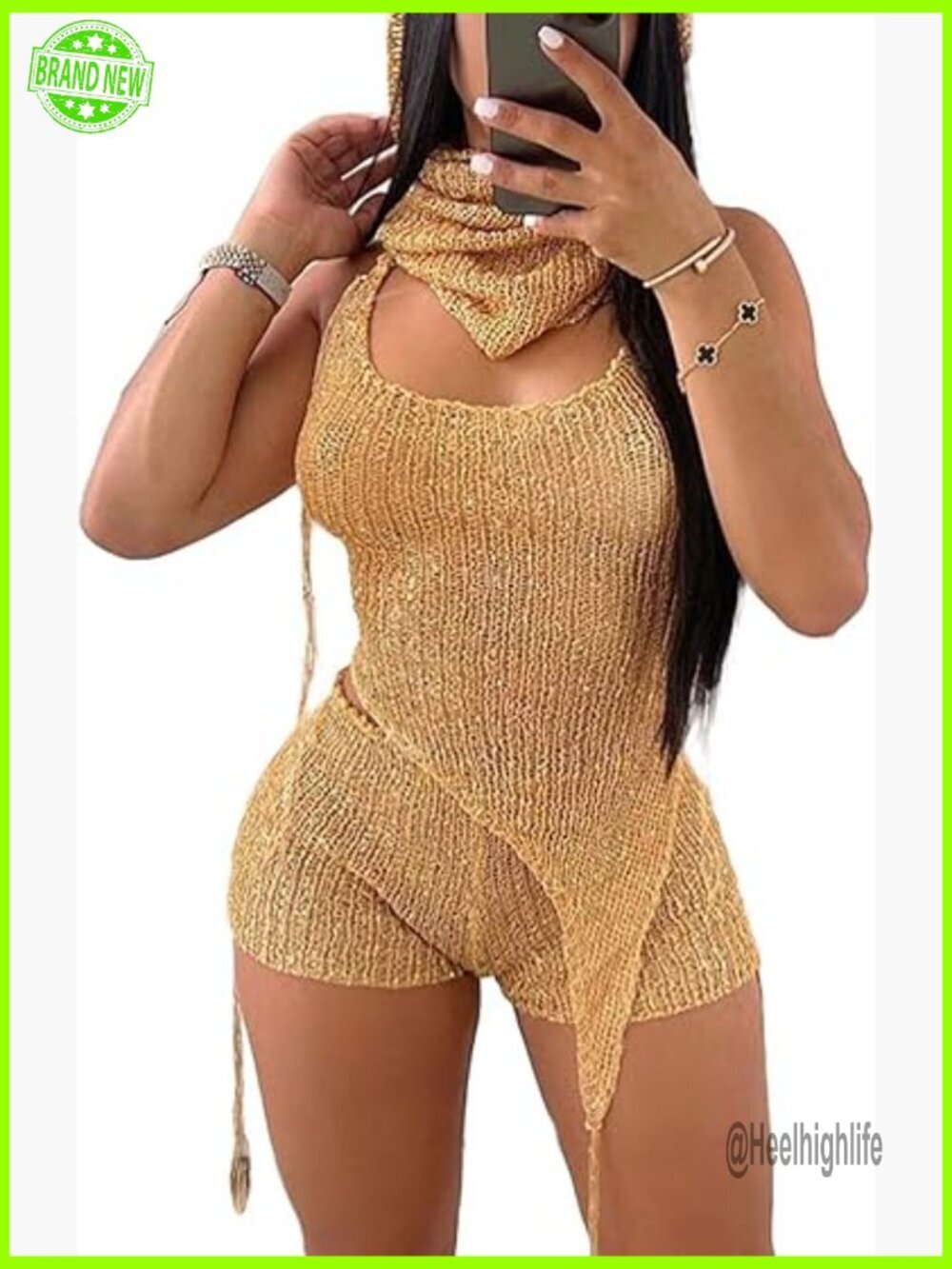 Sequin Crochet Backless Halter Top Shorts Set Size Small Polyester Blend